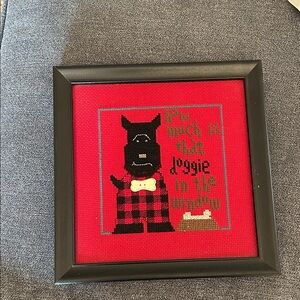Framed Dog Cross-Stitch Art on Red Fabric